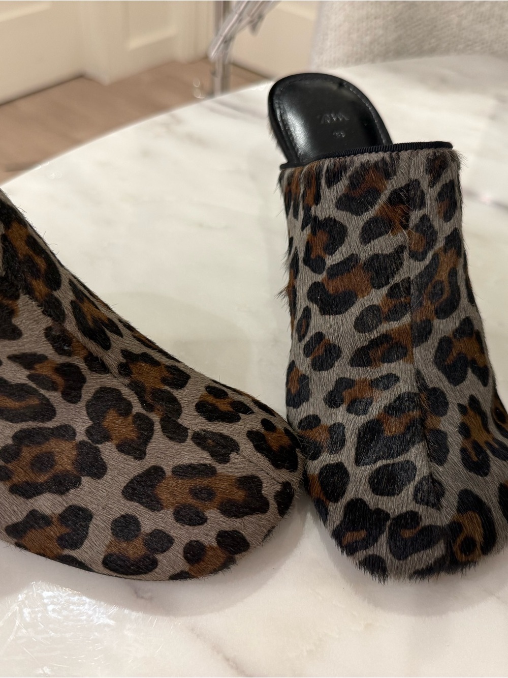 Zara Leopard Print Pony Hair Heeled Mules Size 38